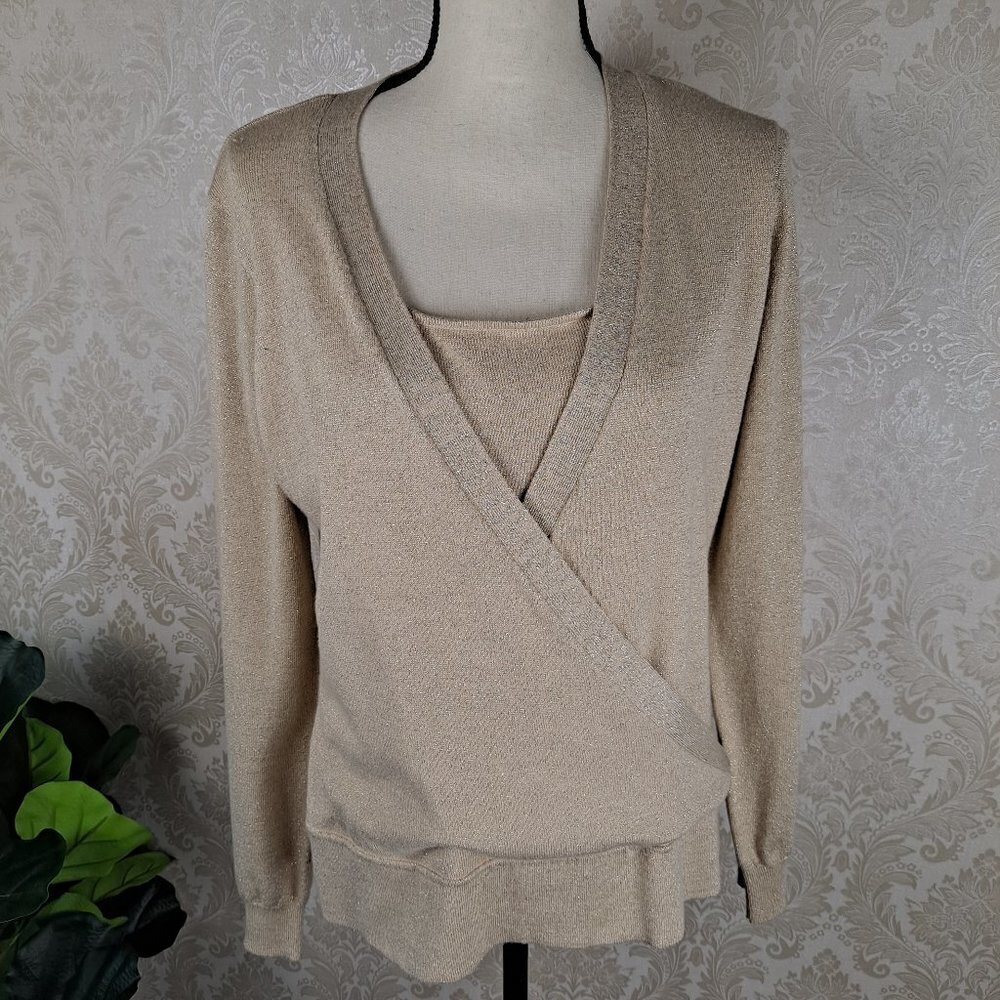 Como Size Large Sparkly Gold Faux Wrap Sweater Tank Insert Dressy Formal EUC